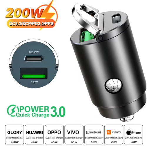 Car 200W Dual Port Mini USB Charger Ultra Fast Charging Cigarette