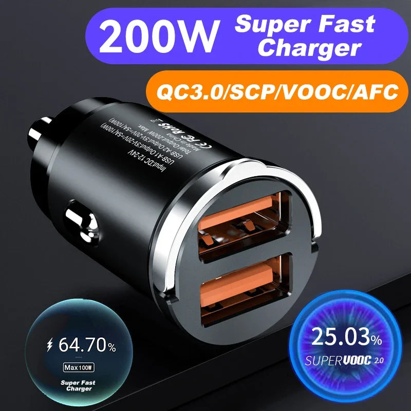 Car 200W Dual Port Mini USB Charger Ultra Fast Charging Cigarette